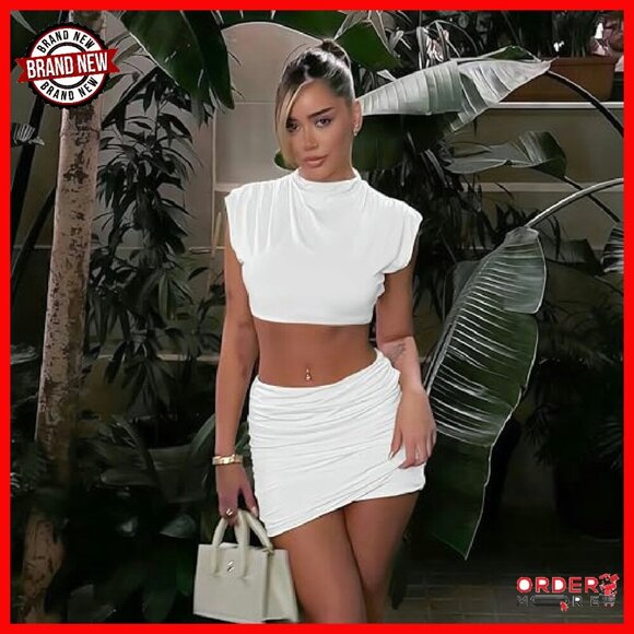 Ruched Bodycon Mini Skirt Set - Cap Sleeve Crop Top - Y2K Trendy - Picture 5 of 7